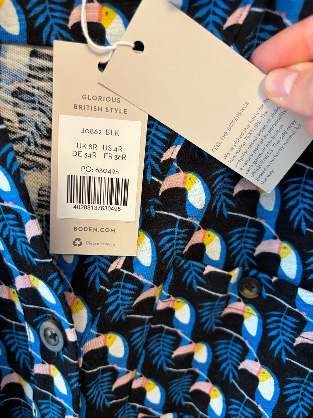 BODEN Thomasina Tie Waist Midi Shirt Dress Toucan Print Women's Size 4R Cotton - Picture 4 of 12